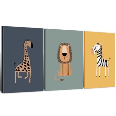 Imagem de Quarto infantil 3 peças emoldurado girafa leão zebra vida selvagem selva arte arte decoração de parede impressão em tela pôster bonito desenho animado galeria quarto bebê sala de jogos berçário