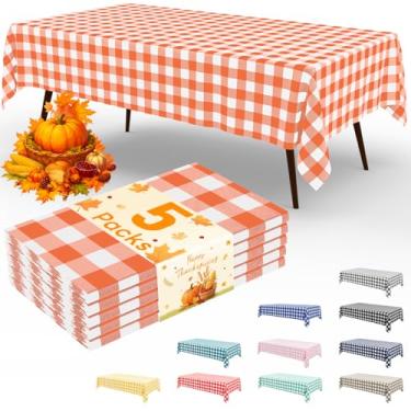 Imagem de misaya Pacote com 5 toalhas de mesa descartáveis de búfalo, 137 x 272 cm, toalha de mesa de plástico impermeável, retangular, branca e laranja, para piquenique, aniversário, festa