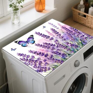 Imagem de GLOBLELAND Capa protetora superior para máquina de lavar e secar com borboleta roxa 23,6 × 19,175 cm Lavanda Lavanda Almofadas protetoras antiderrapantes para máquina de lavar roupa e mesa de sala de