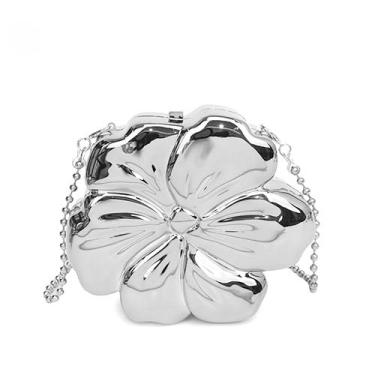 Imagem de Bolsa de Um Ombro Feminina, Caixa de Corrente, Formato de Flor de Metal, Estilo Europeu e Americano(Prata)