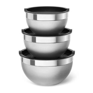 Imagem de Kit Bowl Inox，Bowl Inox Com Tampa，Conjunto de 3 PeçAs，Adequado para Armazenar Alimentos no FrigoríFico，Adequado para uso em PanificaçãO, Saladas e Carnes Curadas.