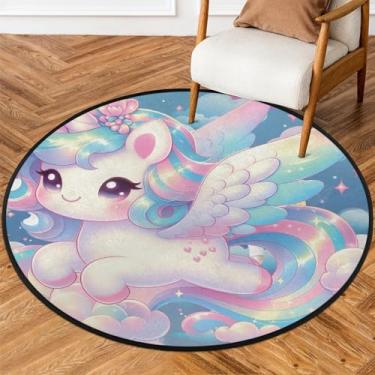Imagem de Tapete redondo de 1,8 m de desenho animado unicórnios brilhantes, tapetes de área de círculo macio, antiderrapante, lavável, tapete circular para quarto, berçário, sala de estar, cozinha, banheiro