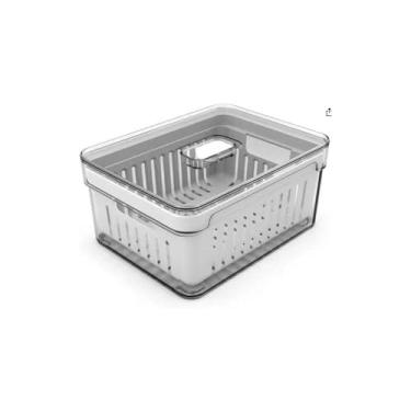 Imagem de Caixa Organizadora com Escorredor, Plástico, Transparente/Bege, 23,5x15x11cm, para Frutas e Verduras