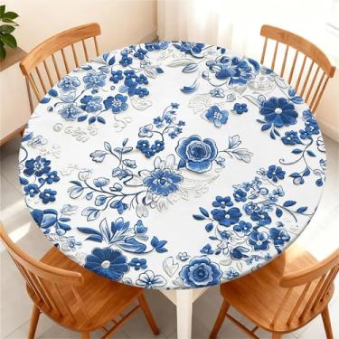 Imagem de COTAIL Toalha de mesa redonda à prova d'água com borda elástica, capa de mesa redonda ajustável para o verão, serve para mesas de até 124,5 a 132 cm para festas de piquenique na cozinha, flores de