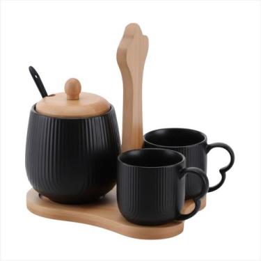 Imagem de Conjunto Café 2 Xícaras 90ml e Açucareiro 360ml Cerâmica Preta Com Sup