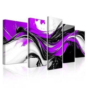Imagem de CXHOSTENT Arte de parede abstrata roxa 5 peças decoração de parede preto branco e cinza roxo grande arte moderna para sala de estar quarto escritório decoração de casa emoldurada (escuro, 20 x 35 x 5