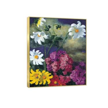 Imagem de Pintura de arte de parede de flores - imagem de decoração vintage - dálias brancas - impressões em tela de moldura dourada para sala de estar 30 x 35 cm 12 x 13 pol