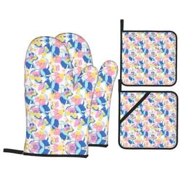 Imagem de Decoração de flores - Conjunto de luvas de cozinha estampadas com suportes de tampa, luvas de forno resistentes ao calor para manusear panelas quentes, grelhar, churrascos, kit de 4 peças.