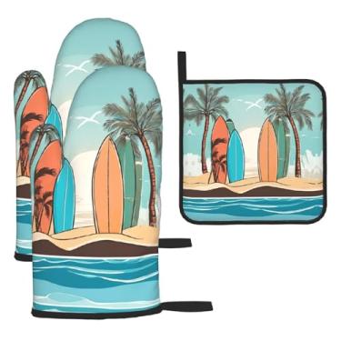 Imagem de Prancha de surfe – Conjunto de cozinha essencial com 3 peças, luvas resistentes ao calor e aderência da tampa, proteção para churrasco no forno, design de armazenamento suspenso.