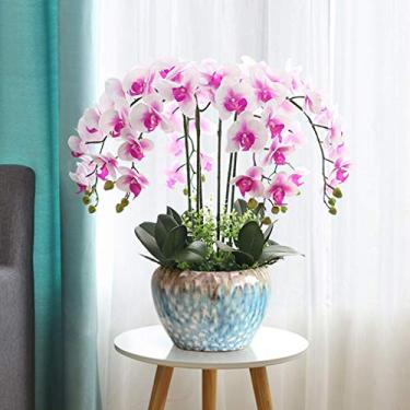 Imagem de LMJYU Presentes de flores artificiais simulação toque real orquídeas artificiais arranjos de flores orquídeas látex vaso de floricultura Phalaenopsis bonsai para vida em casa