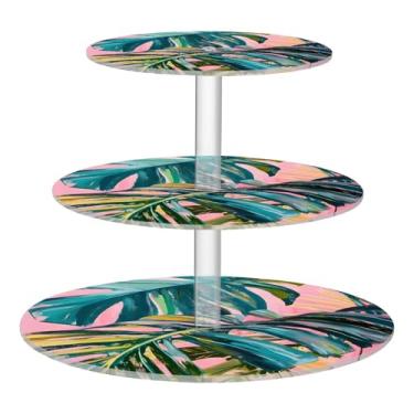 Imagem de CEBUGI Suporte de cupcake de 3 camadas com folhas tropicais, suporte redondo para bolo, torre, bandeja de servir em camadas de acrílico para chá, chá de bebê, casamento e mais