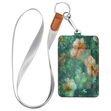 Imagem de Wassud Cordões de couro PU verde floral para crachás de identificação, porta-chaves, porta-crachás, cartões de crédito para escritórios, funcionários estudantes, funcionários