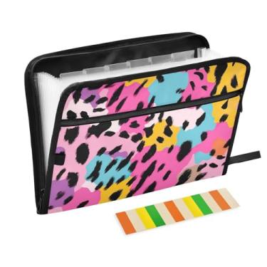 Imagem de Wassud Organizador de arquivos sanfonado colorido com estampa de leopardo com 13 bolsos, pastas de arquivos expansíveis com abas e adesivos, organizador de pastas de documentos de recibo de papel