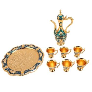 Imagem de Conjunto de bule de café vintage estilo europeu elegante bule de vinho kit com 6 xícaras conjunto de serviço de chá de liga de zinco para festa de aniversário de casamento (Ouro Azul)