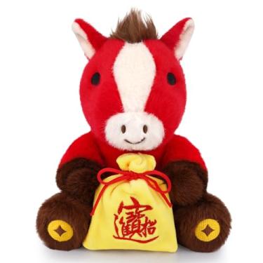 Imagem de Hagusahuo Cavalo de pelúcia de ano novo chinês, decorações de ano novo chinês 2026 animal de pelúcia cavalo vermelho com bolsa da sorte, lindo cavalo de pelúcia presente para crianças, meninos
