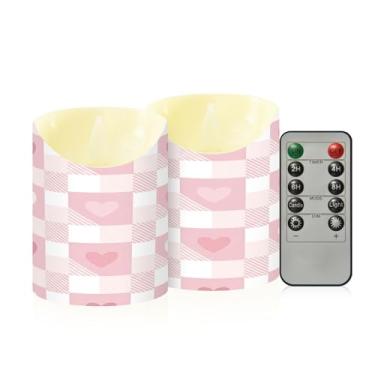 Imagem de Wassud Pacote com 2 velas sem chama de coração quadriculado guingão com controle remoto, velas realistas cintilantes com temporizador, velas decorativas para Natal, casamento, festa, decoração de casa