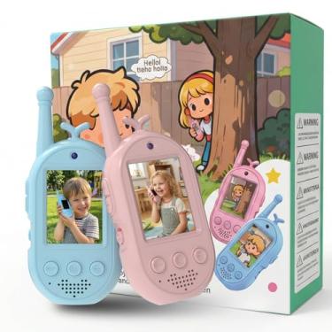 Imagem de Walkie Talkies de vídeo para crianças, função de emoji de faixa de cabeça, 3 interruptores de mudança de voz, carregamento superior de corda pendurada, walkie talkies de vídeo (azul + rosa, adequado