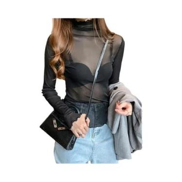 Imagem de Blusa Sexy Feminina Em Malha Transparente Com Manga Longa E Gola Alta,