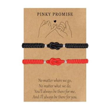 Imagem de LANWLOSI Pulseiras de casal combinando para ele e ela, pulseiras Pinky Promise para casais, preto/branco/rosa/vermelho, suporte de nó combinando, presentes de aniversário de namorados para namorada
