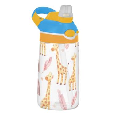 Imagem de Garrafa de água Tritan de 473 ml para crianças reutilizável garrafa de água esportiva de 473 ml com canudo copo infantil portátil à prova de vazamento, alça de transporte, girafas fofas de desenho