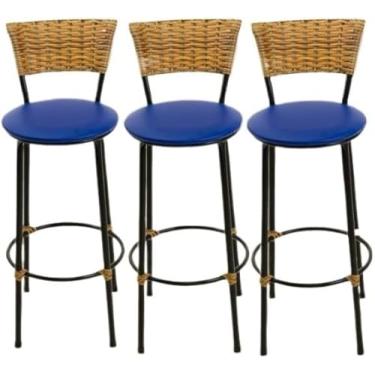 Imagem de kit 3 banquetas alta junco cozinha bancada balcão(3.bq.alta.imbuia) (azul)