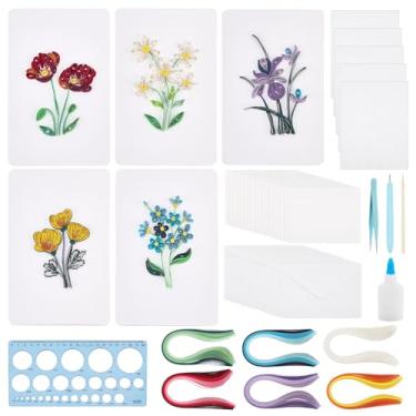 Imagem de WEBEEDY 20 conjuntos de cartões de flores, kit de quilling de papel com instruções para adultos iniciantes, 5 estilos, cartões de felicitações 3D feitos à mão, tulipas, lírios, íris, lilás, cartões