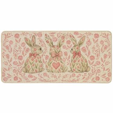 Imagem de Baccessor Tapete de porta rosa coelhinho da páscoa primavera floral tulipas coelho decorativo capacho frontal de boas-vindas 43 x 91 cm tapetes de porta internos externos antiderrapante suporte de