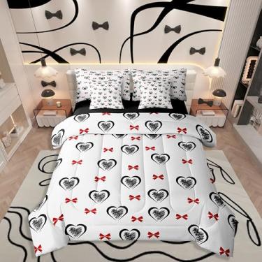 Imagem de Erosebridal Jogo de cama solteiro com estampa de coração, kawaii, com laço vermelho, para meninas, meninos, dia dos namorados, lençol com elástico, lençol de cima, preto e vermelho