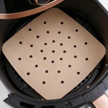 Imagem de Papel manteiga Air Fryer com furos – 25 peças de forros perfurados quadrados de 21,6 cm, papel de bambu cru premium para cesta de fritadeira a ar, forno, assar e cozinhar a vapor