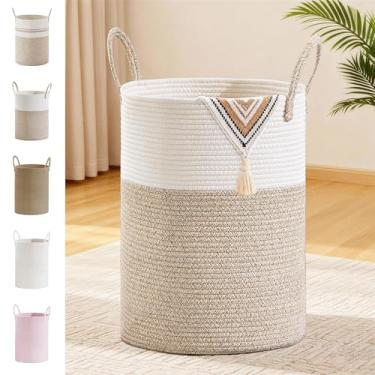 Imagem de SunNewt Cesta de corda de algodão marrom, cesta de armazenamento de tecido 72L para cobertores, brinquedos, roupas, cesto de roupa grande de vime infantil, cesto de roupa suja alto com alças