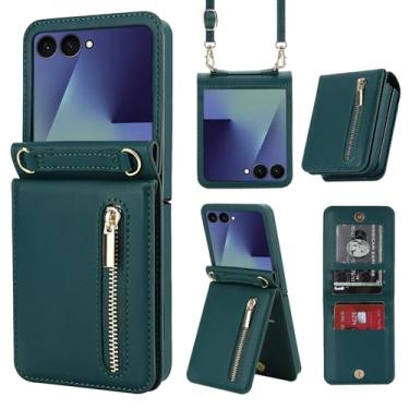 Imagem de Capa carteira para Samsung Galaxy Z Flip 7, bolso com zíper e compartimentos para cartões, cordão e suporte, estilo fólio fino com recortes precisos e fecho magnético para uso diário e viagens (verde
