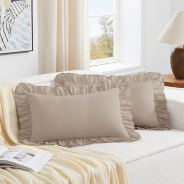 Imagem de KKJIAF Conjunto de 2 capas de almofada lombar cáqui 30,5 x 50,8 cm, fronhas de microfibra com babados, fronhas europeias com babados, fronhas de almofada lombar para sofá-cama sala de estar