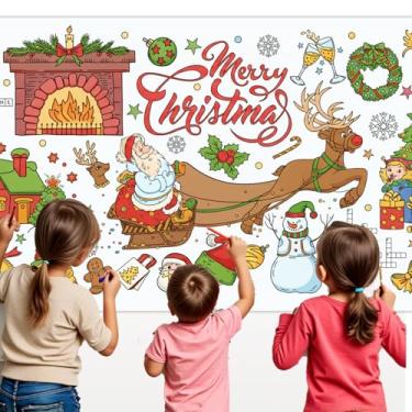 Imagem de Toalha de mesa para colorir de Natal 78 × 182 cm, capa de mesa grande com Papai Noel, rena, pôster de desenho de papel com árvore de Natal, flocos de neve e designs de presente, atividades e