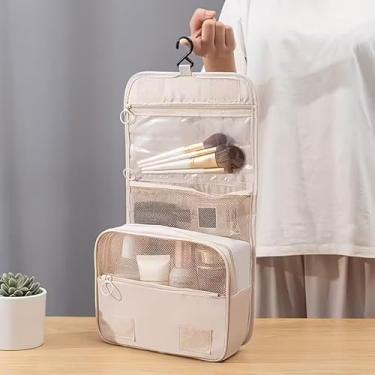 Imagem de Bolsa organizadora de artigos de higiene pessoal de grande capacidade, tecido de sarja resistente, gancho de pendurar para maquiagem, kits de barbear, armazenamento de banheiro, bege