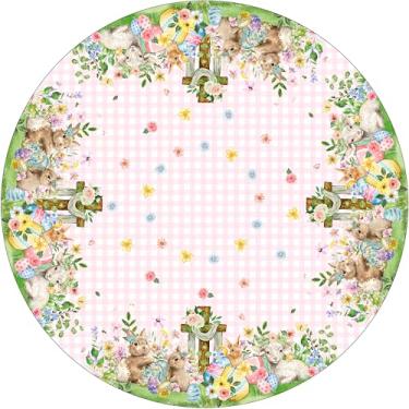 Imagem de XCHI Toalha de mesa redonda xadrez coelhinho ovos de cordeiro flores cruz coelho Páscoa toalha de mesa toalha de mesa lavável para decoração de jantar em casa 70 x 70 polegadas