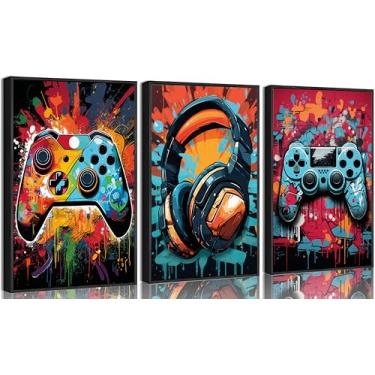 Imagem de 3 peças emolduradas legais arte de parede retrô video gamer aquarela pôsteres imagens coloridas neon gamepad pintura em tela impressões para quarto de meninos crianças quarto de jogadores quarto para