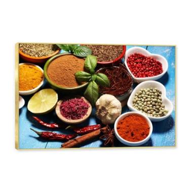 Imagem de NHLDZYH Moldura dourada. Arte de parede em tela de especiarias coloridas e colher de tempero | Decoração de cozinha vintage | Arte moderna para casa e sala de jantar. C91. 40 x 60 cm - 15,8 x 23,7 pol