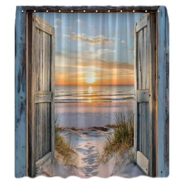 Imagem de CWHCWA Cortina de chuveiro oceano praia rústica porta celeiro pôr do sol paisagem litorânea retrô país onda do mar natureza paisagem marítima decoração de banho cortina com ganchos, 187 x 178 cm