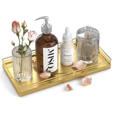 Imagem de Bandeja de banheiro para balcão – 30,5 cm x 15,2 cm Bandeja decorativa de madeira de oka para cozinha│cômoda │cafeteria│Tanque de vaso sanitário, dourado