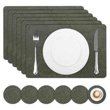 Imagem de comfoyar Jogo americano e porta-copos de couro PU, conjunto de 6, tapetes antiderrapantes resistentes ao calor de 30 x 43 cm, verdes rachados, tapetes de mesa laváveis à prova d'água para decoração de