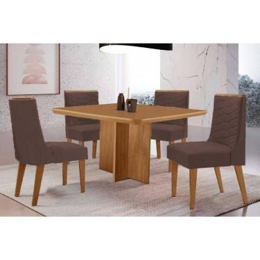 Imagem de Sala Jantar Mesa Berlim Tampo Curvo 90cm+4 Cadeiras Maldivas Madeira Naturale - Capuccino/Suede Marrom - Rufato