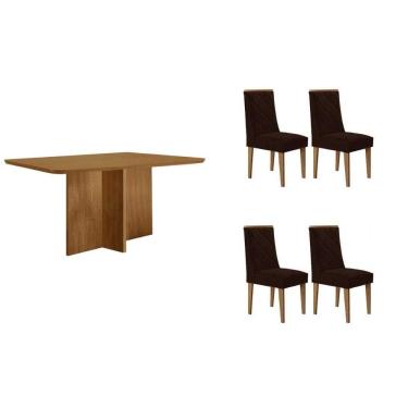 Imagem de Sala Jantar Mesa Berlim Tampo Curvo 120cm+4 Cadeiras Pietá Madeira Naturale - Capuccino/Suede Marrom - Rufato