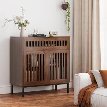 Imagem de Halitaa Armário de armazenamento com portas de grade, armário buffet com armazenamento para cozinha, sala de jantar, entrada, nogueira