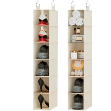 Imagem de VERONLY Conjunto de 2 organizadores de sapatos com prateleiras de bambu de tecido, 29 x 80 x 14 cm, design de 6 camadas para armazenamento com economia de espaço, bege