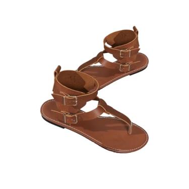 Imagem de GORGLITTER Sandálias femininas com tira gladiadora, chinelos, fivela de pescador, dedo aberto, tira no tornozelo, chinelos planos, Marrom, 36