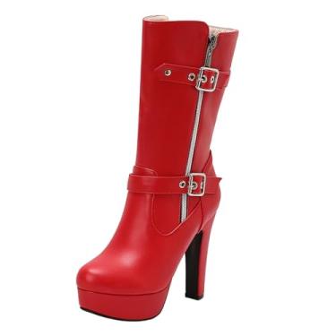 Imagem de Botas femininas plataforma de cano médio com fivela de cinto de salto alto, Vermelho, 35