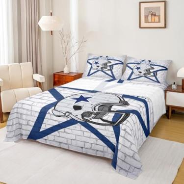Imagem de Jogo de lençol Queen de futebol americano com estrela do Texas, caubói e futebol americano, decoração de quarto de meninos e homens, parede de tijolos, retrô, azul e branco, 4 peças (lençol + lençol +