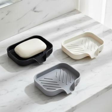 Imagem de Saboneteira autodrenante de 3 peças com design de drenagem inclinada, suporte de sabão de silicone para banheiro e pia de cozinha, mantém o sabão seco e limpo