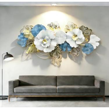 Imagem de Arte de parede de metal grande para sala de estar, decoração de parede de metal extragrande, flor abstrata de lótus 3D, decoração de parede com folhas modernas, para quarto interno e externo, entrada