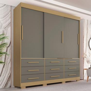 Imagem de Guarda-roupa com Pés Casal 3 Portas 9 Gavetas Luana Jequitibá/Granizo